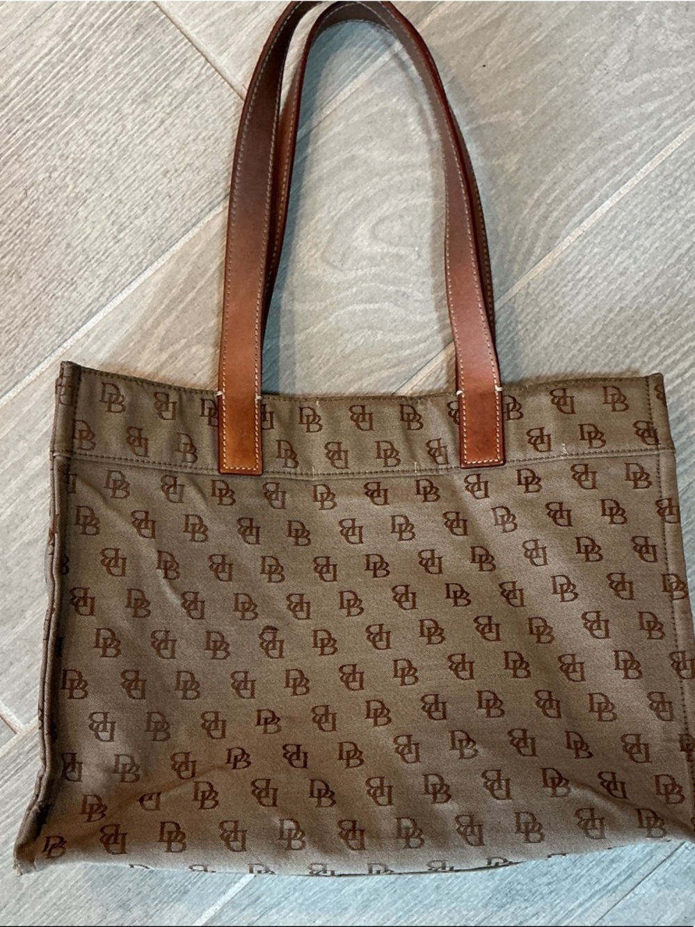 Dooney & Bourke Brown Logo Canvas Tote with Tan Leather Handles